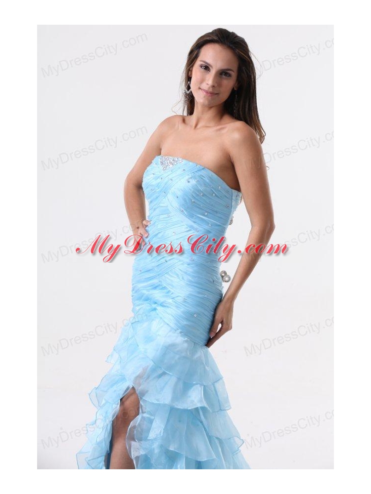 Aqua Blue Mermaid Strapless Prom Dress with Beading and Layers