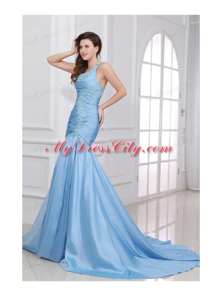 Blue A-Line Sweetheart Taffeta Prom Dresses with Appliques Brush Train