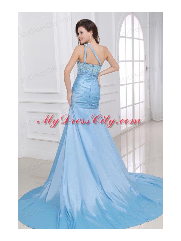 Blue A-Line Sweetheart Taffeta Prom Dresses with Appliques Brush Train