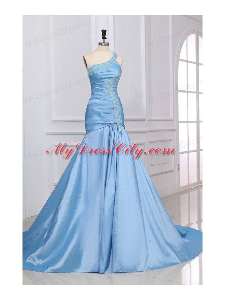 Blue A-Line Sweetheart Taffeta Prom Dresses with Appliques Brush Train