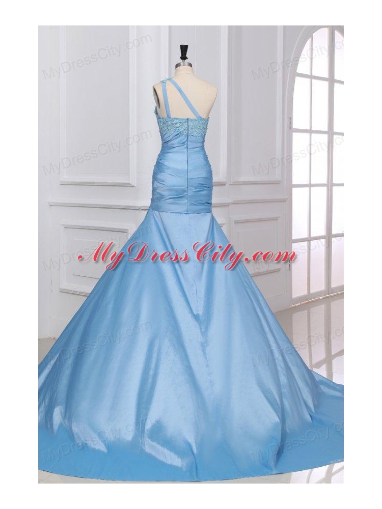 Blue A-Line Sweetheart Taffeta Prom Dresses with Appliques Brush Train