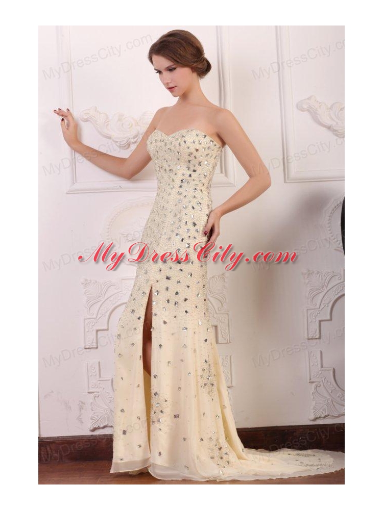 Champagne Sweetheart Column Court Train Rhinestone and Silt Prom Dress