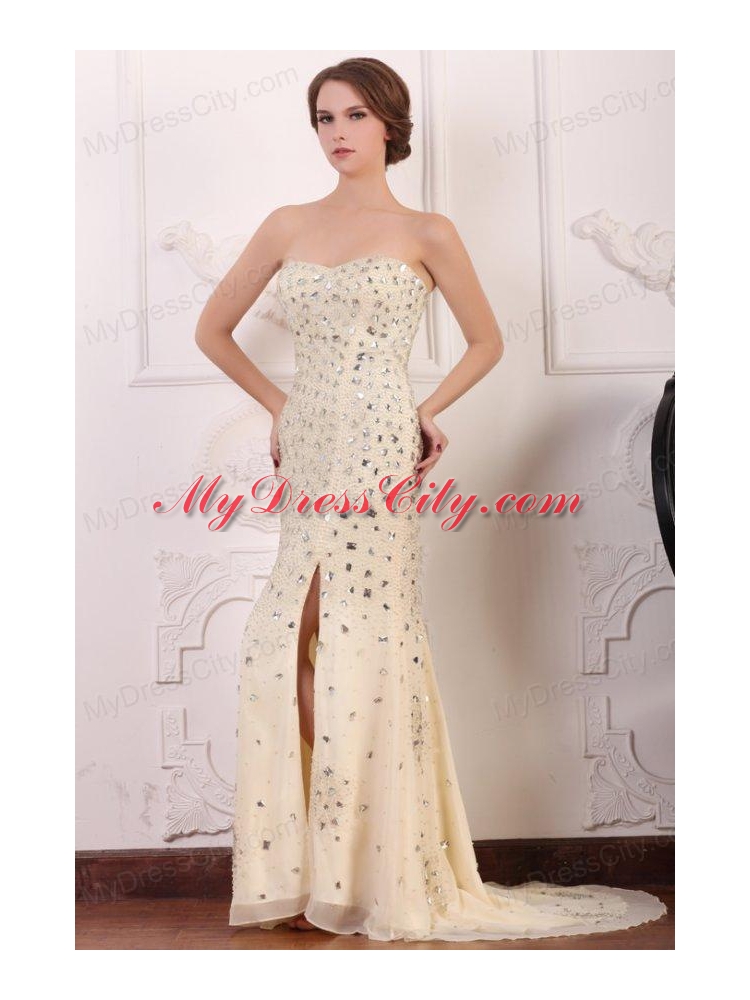 Champagne Sweetheart Column Court Train Rhinestone and Silt Prom Dress