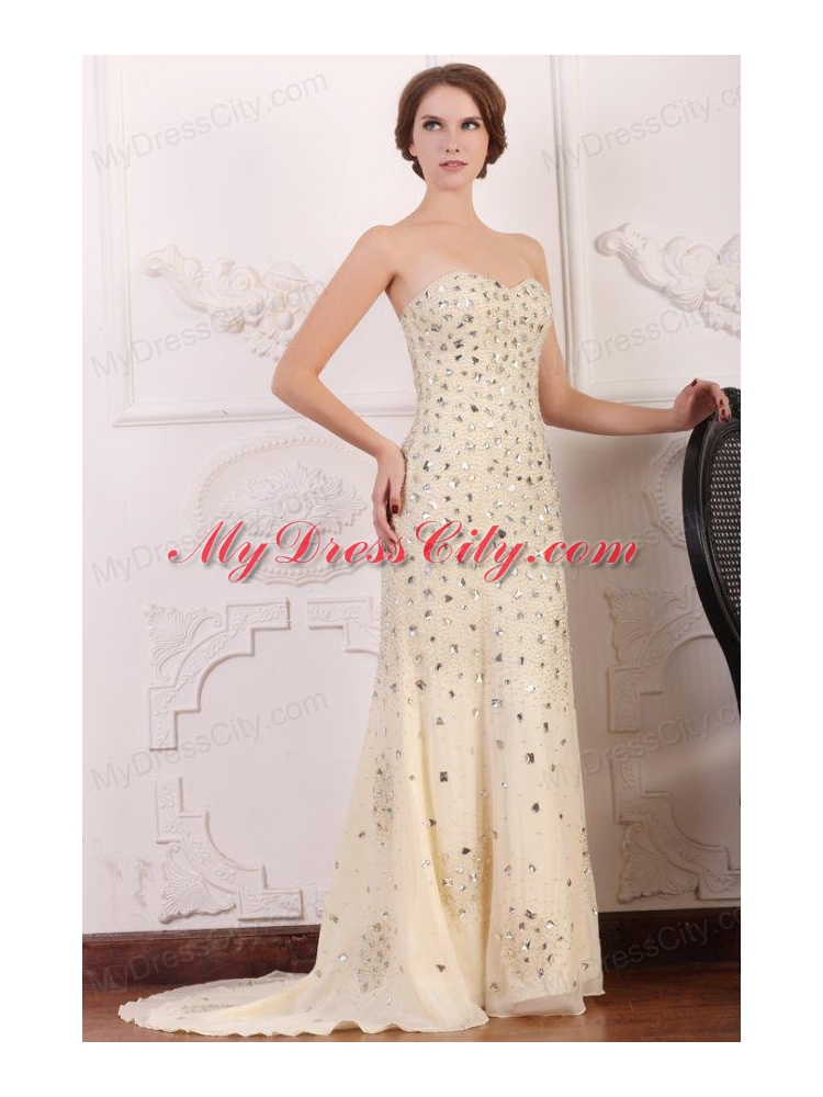 Champagne Sweetheart Column Court Train Rhinestone and Silt Prom Dress