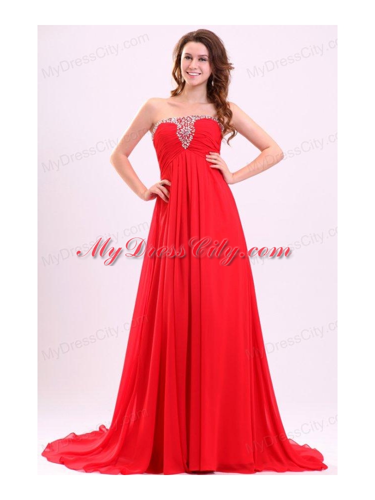 Chiffon Romantic Empire Red Strapless Brush Train Beading 2014 Prom Dress