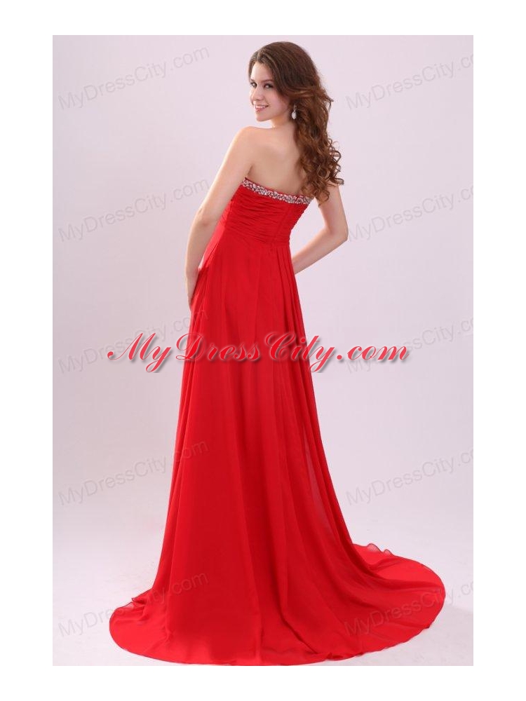 Chiffon Romantic Empire Red Strapless Brush Train Beading 2014 Prom Dress