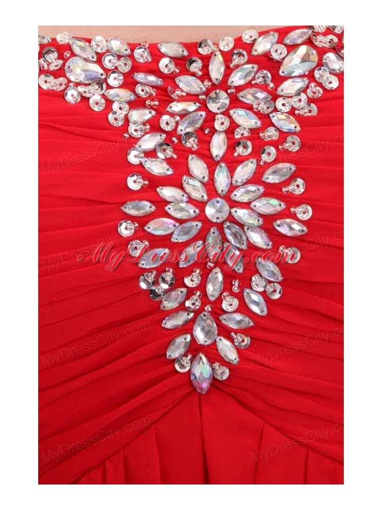 Chiffon Romantic Empire Red Strapless Brush Train Beading 2014 Prom Dress