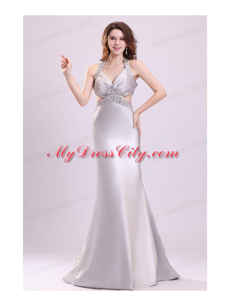 Column Gray Ruching Appliques Halter Top Brush Train Prom Dress