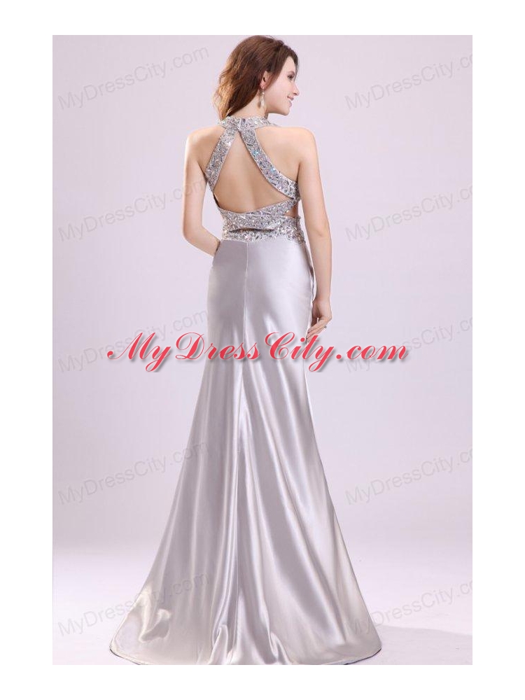 Column Gray Ruching Appliques Halter Top Brush Train Prom Dress