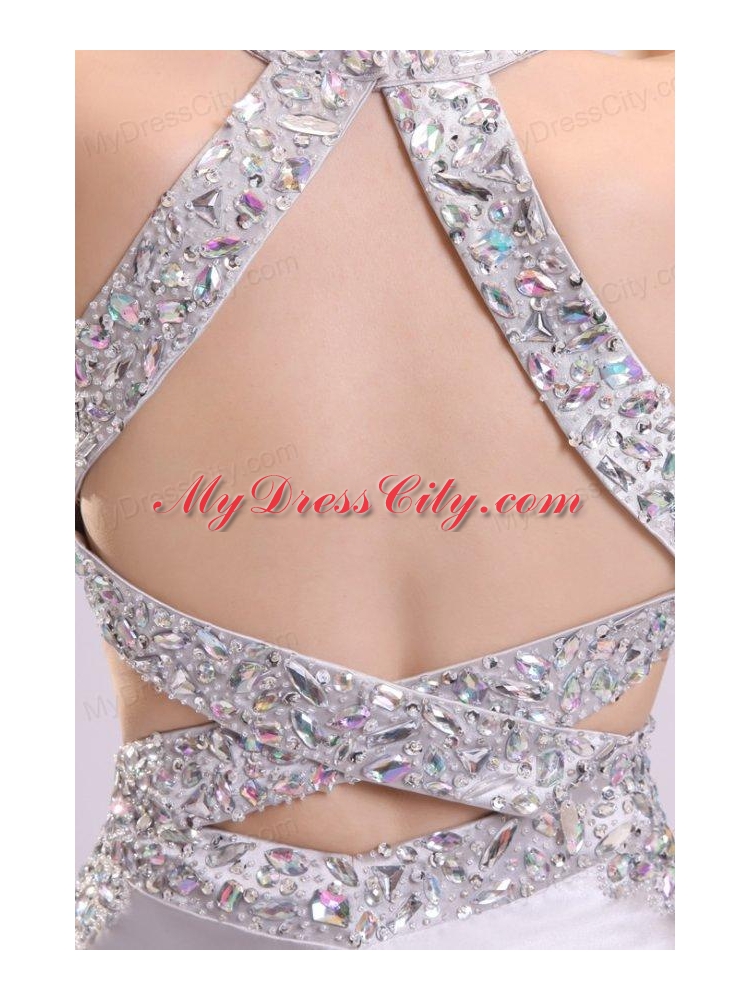 Column Gray Ruching Appliques Halter Top Brush Train Prom Dress