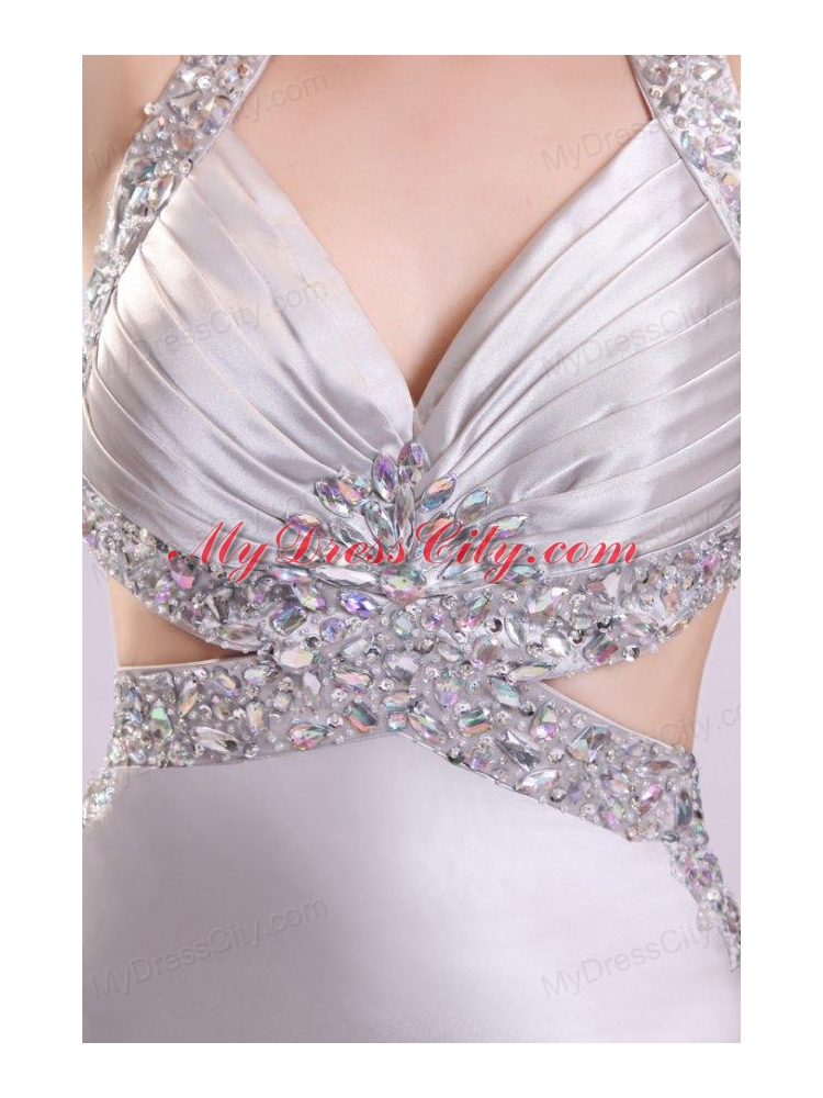 Column Gray Ruching Appliques Halter Top Brush Train Prom Dress