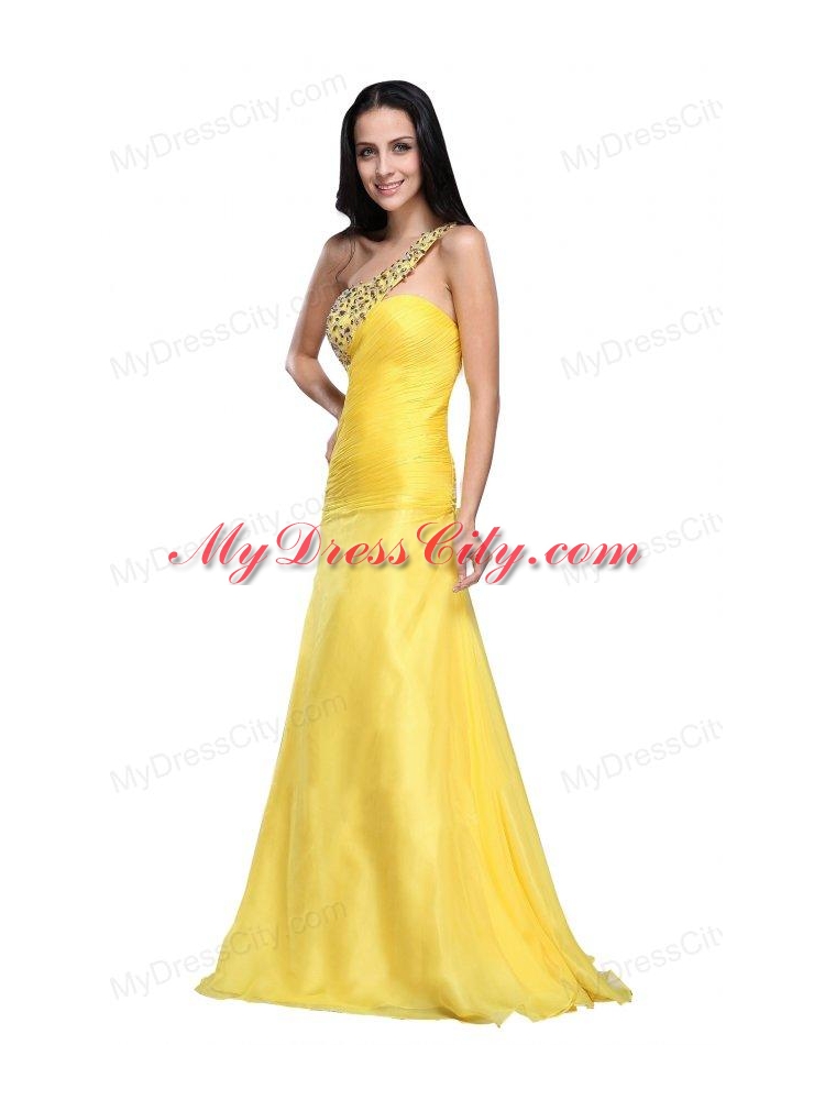 Column One Shoulder Light Yellow Beading Ruching Chiffon Prom Dress