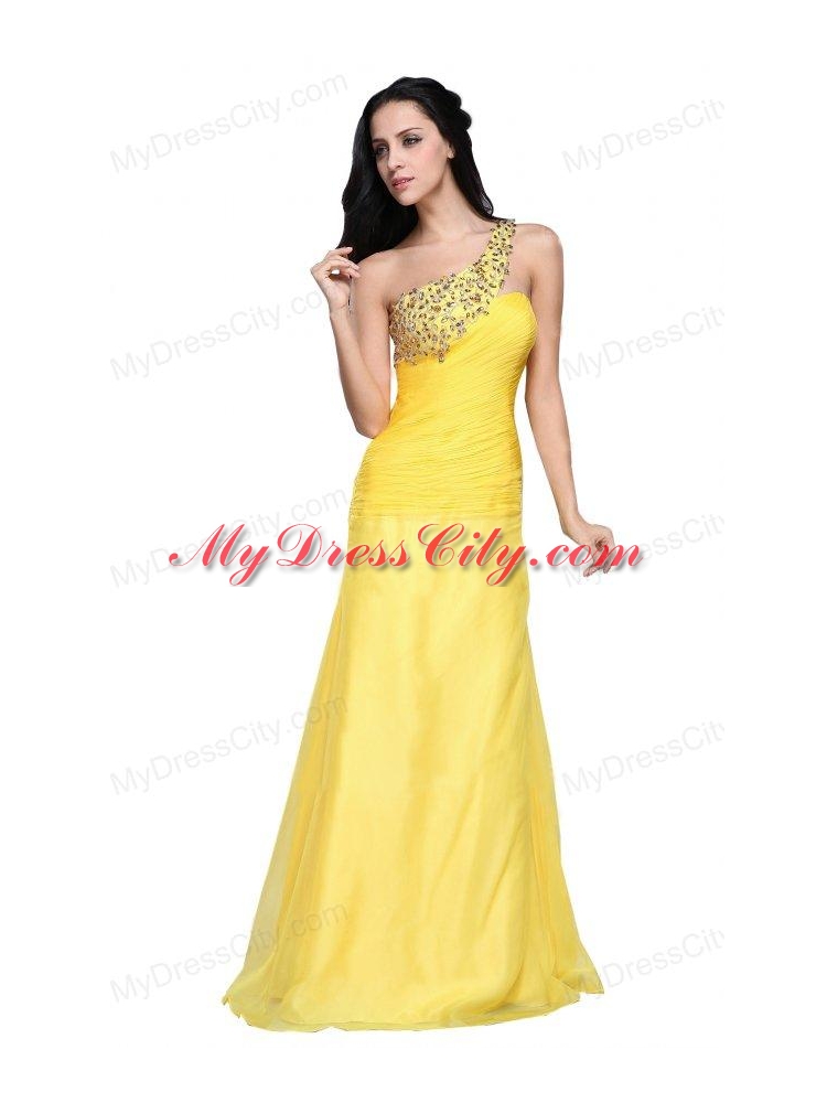 Column One Shoulder Light Yellow Beading Ruching Chiffon Prom Dress