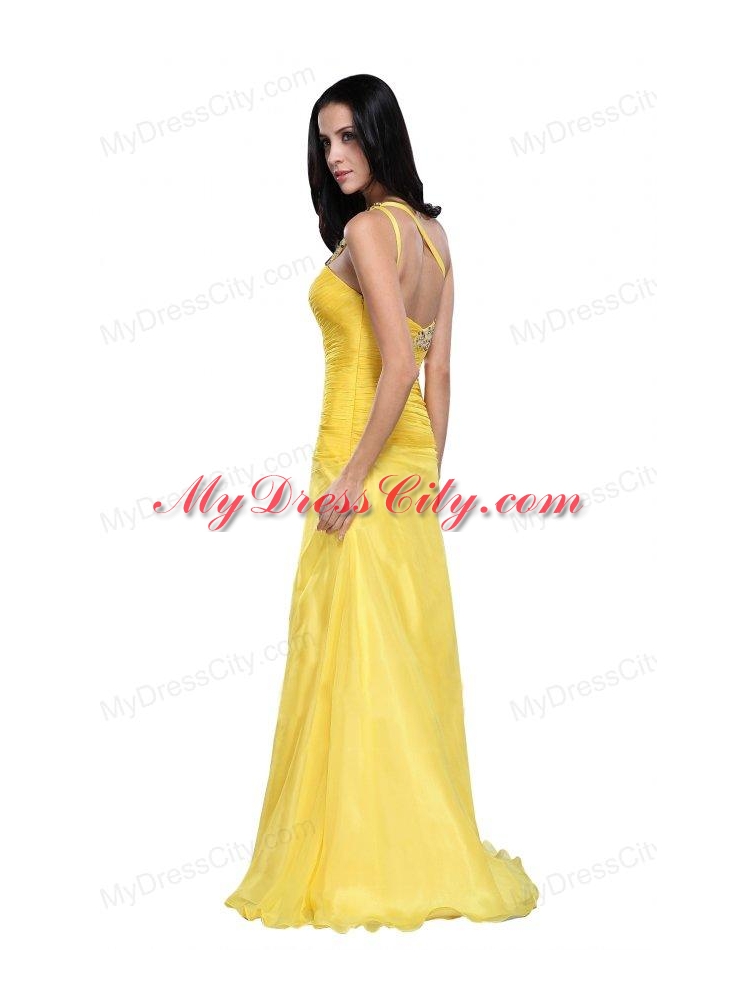 Column One Shoulder Light Yellow Beading Ruching Chiffon Prom Dress