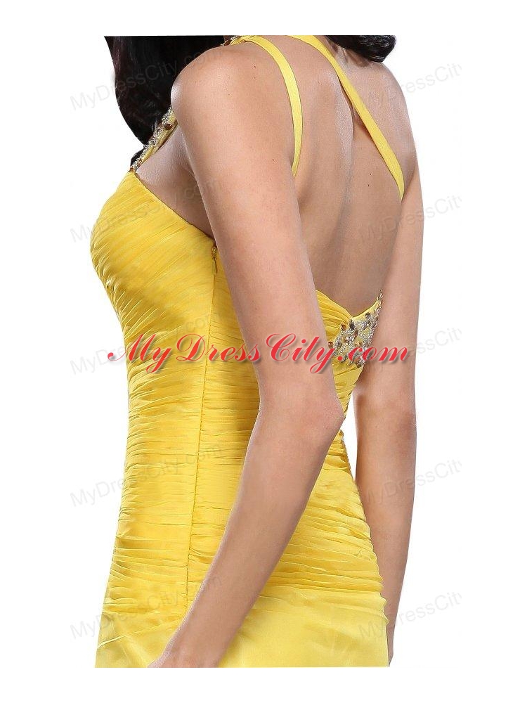 Column One Shoulder Light Yellow Beading Ruching Chiffon Prom Dress