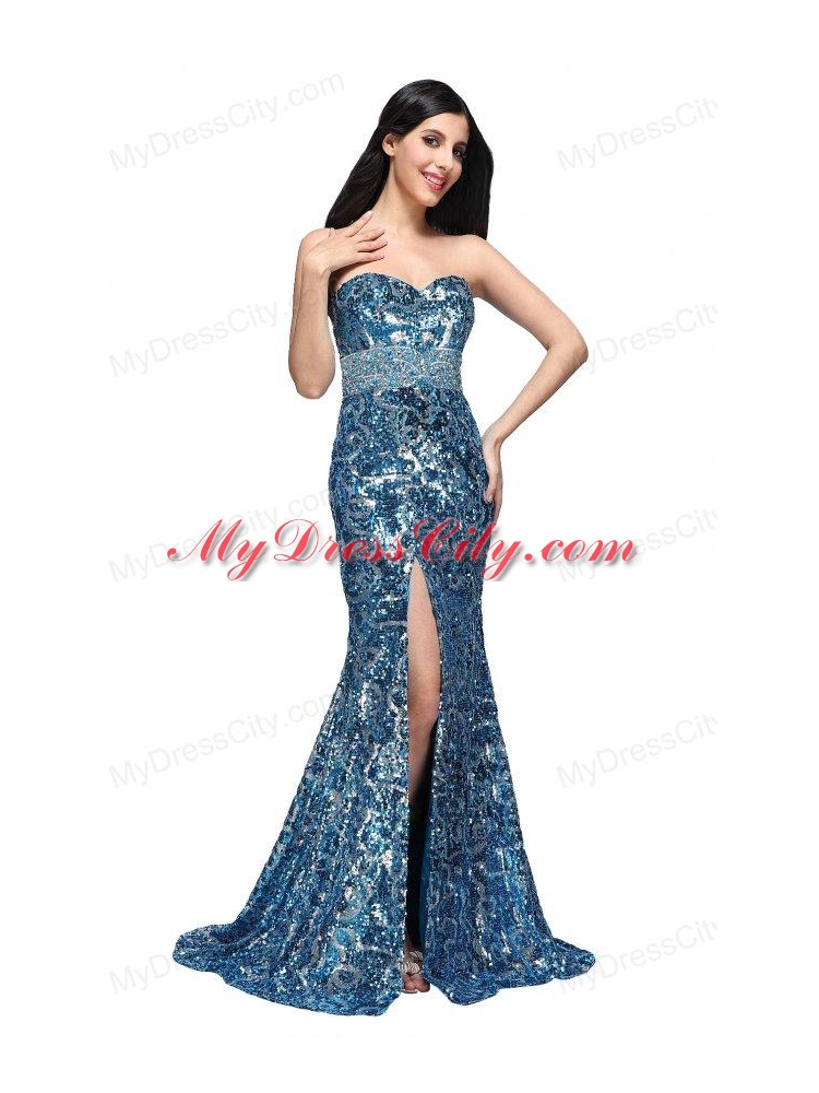 Column Sweetheart Blue Sequins High Slit Brush Train Prom Dress