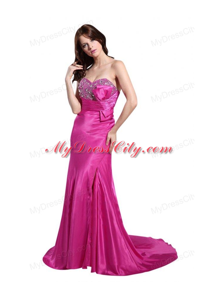 Column Sweetheart Hot Pink Brush Train Prom Dress with Beading