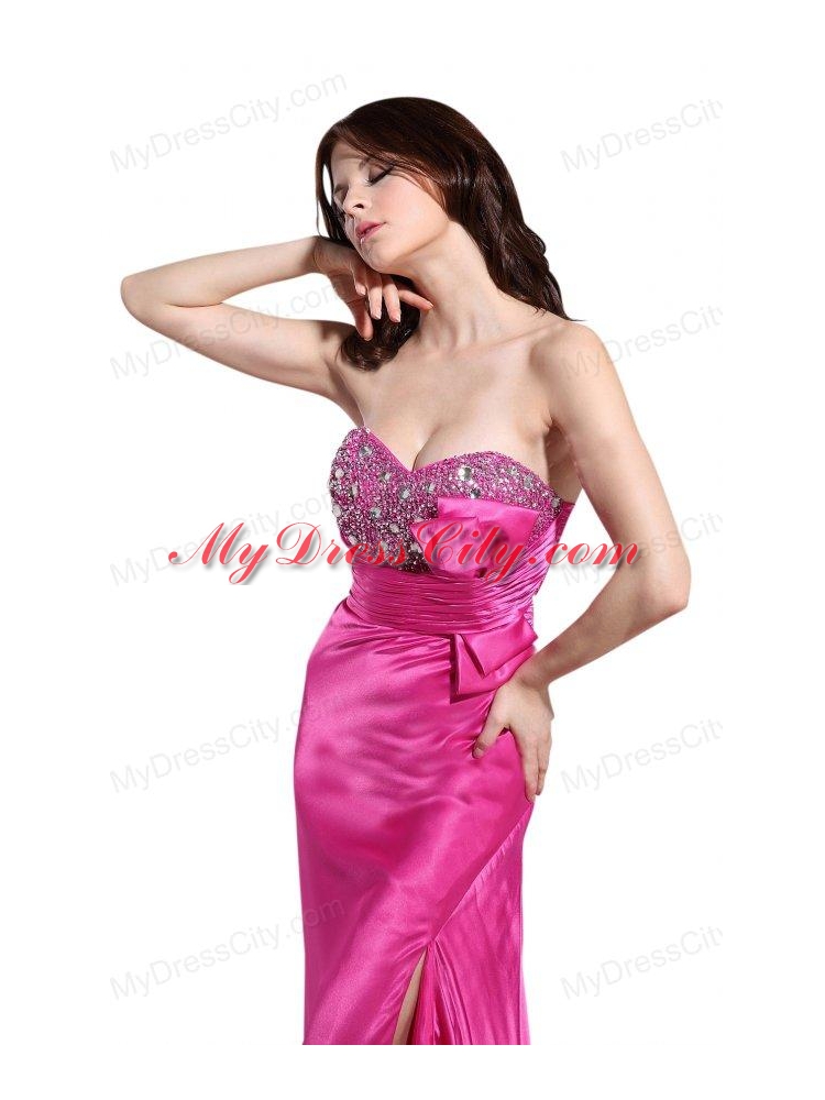 Column Sweetheart Hot Pink Brush Train Prom Dress with Beading