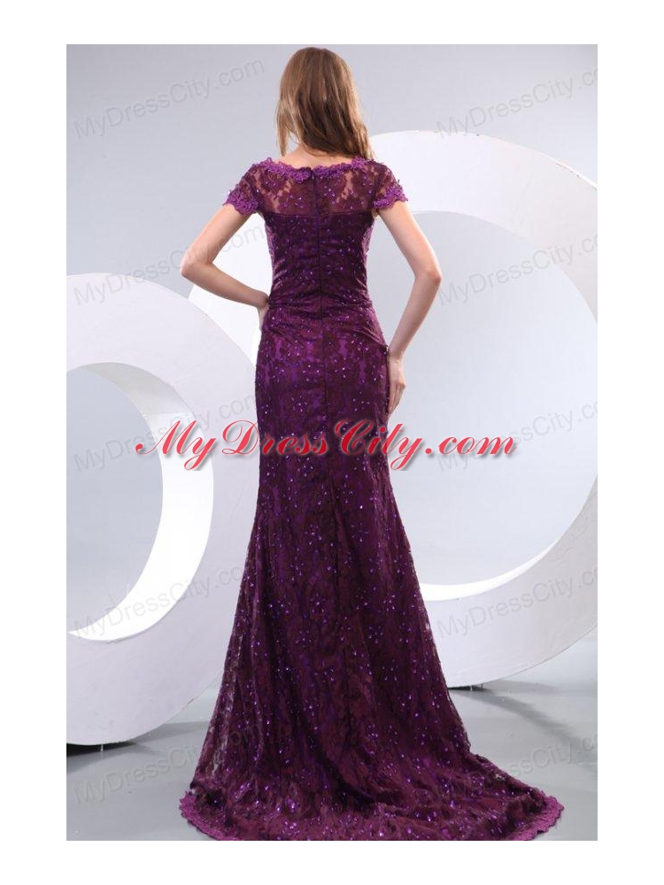 Column V-neck Short Sleeves Appliques Brush Train Prom Dress in Purple