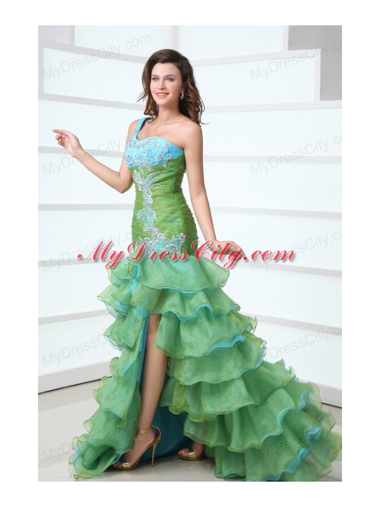 Cute A-Line One Shoulder Organza Beading and Ruffled Layers Green Prom Dress with High-low