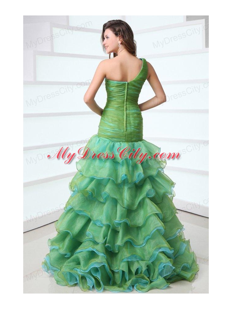 Cute A-Line One Shoulder Organza Beading and Ruffled Layers Green Prom Dress with High-low