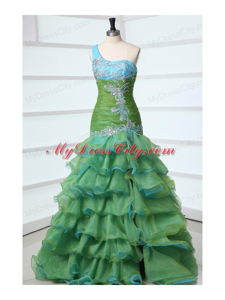 Cute A-Line One Shoulder Organza Beading and Ruffled Layers Green Prom Dress with High-low