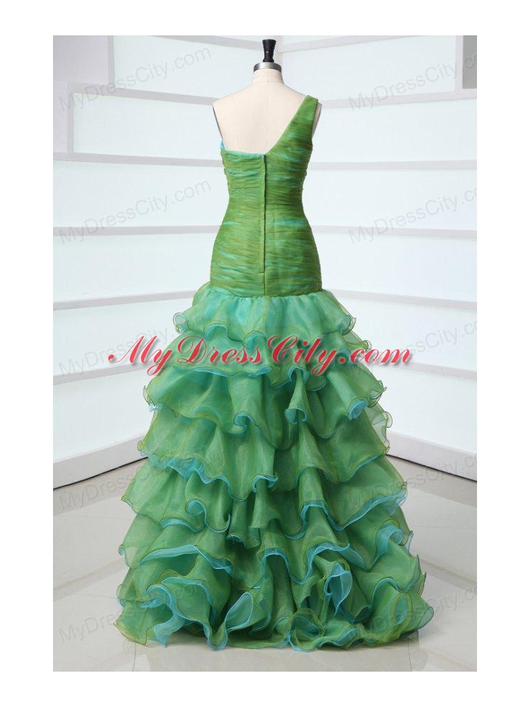 Cute A-Line One Shoulder Organza Beading and Ruffled Layers Green Prom Dress with High-low