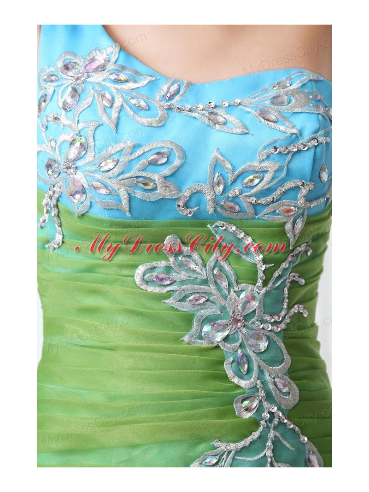 Cute A-Line One Shoulder Organza Beading and Ruffled Layers Green Prom Dress with High-low