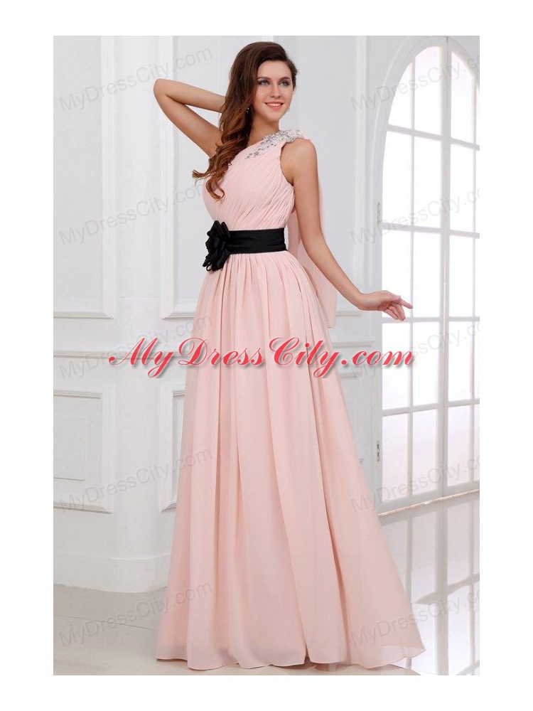 Discount Empire One Shoulder Chiffon Appliques Pink Prom Dress