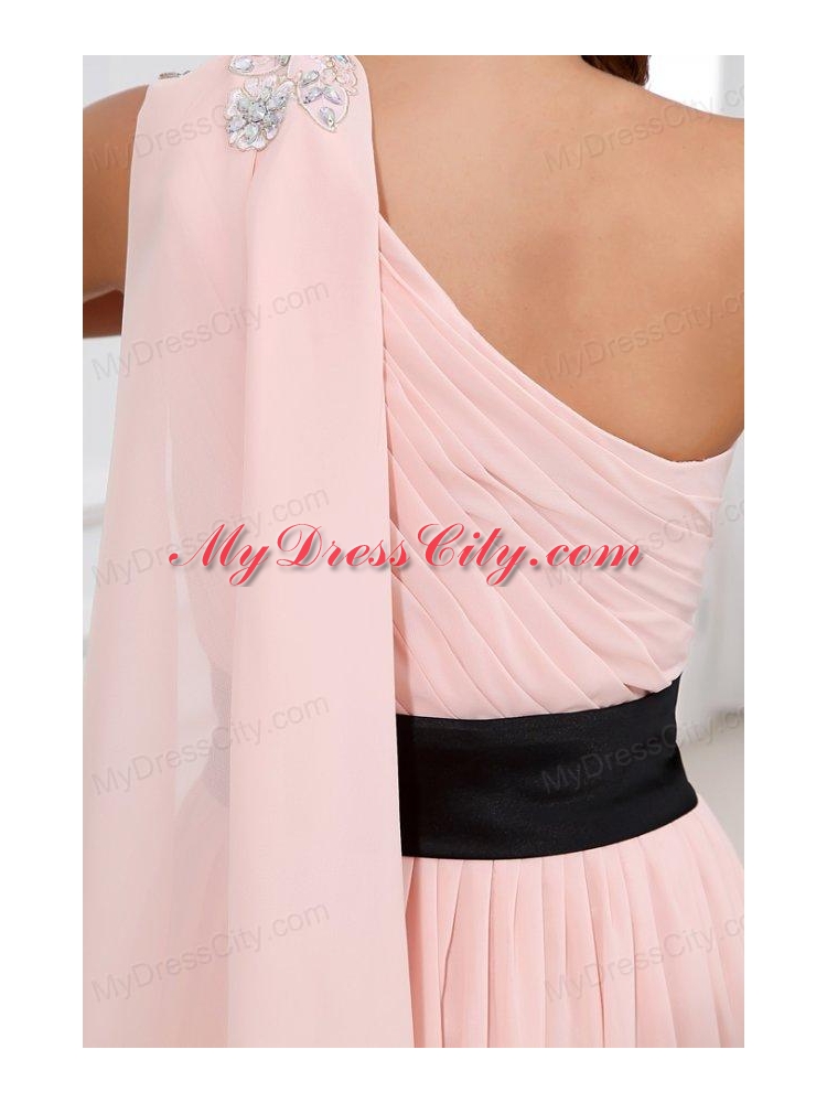 Discount Empire One Shoulder Chiffon Appliques Pink Prom Dress