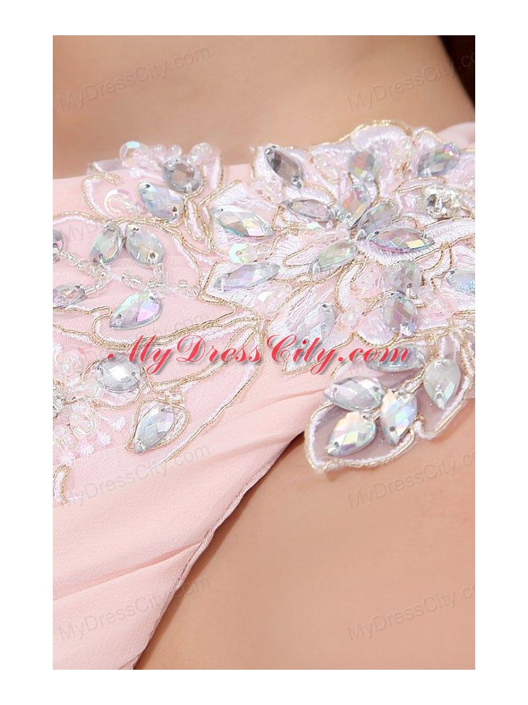 Discount Empire One Shoulder Chiffon Appliques Pink Prom Dress