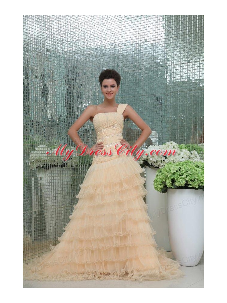 Elegant Princess One Shoulder Brush Train Champagne Appliques and Ruching Chiffon Prom Dress