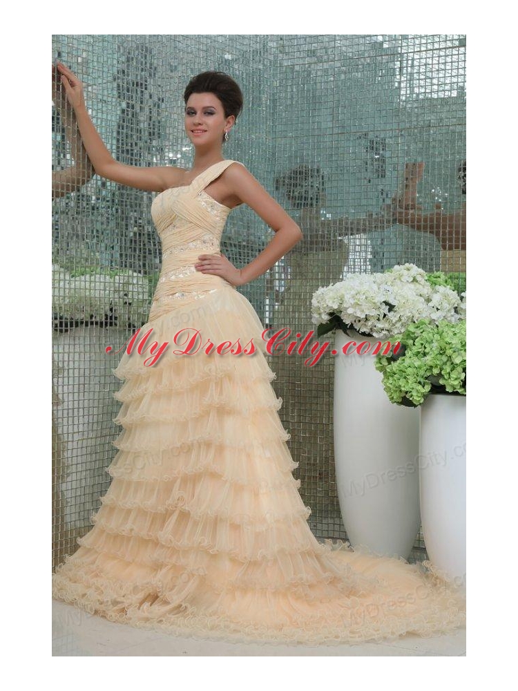 Elegant Princess One Shoulder Brush Train Champagne Appliques and Ruching Chiffon Prom Dress