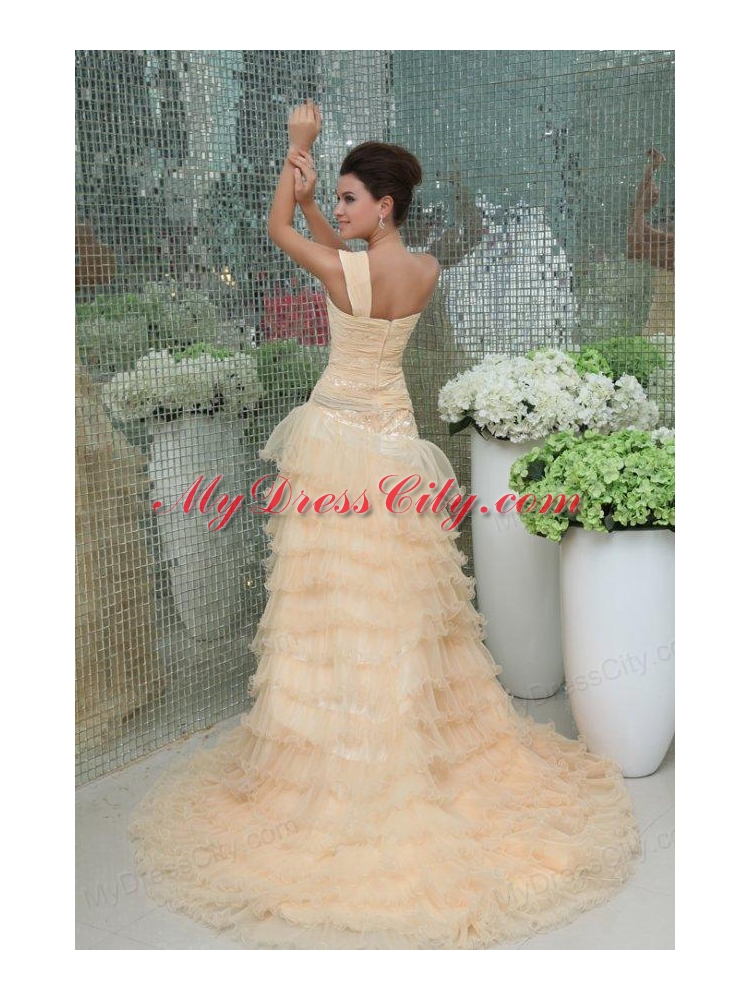 Elegant Princess One Shoulder Brush Train Champagne Appliques and Ruching Chiffon Prom Dress