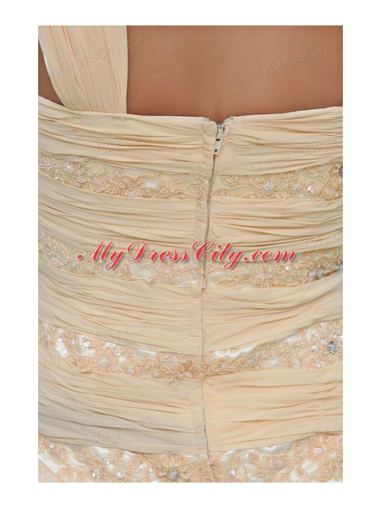 Elegant Princess One Shoulder Brush Train Champagne Appliques and Ruching Chiffon Prom Dress