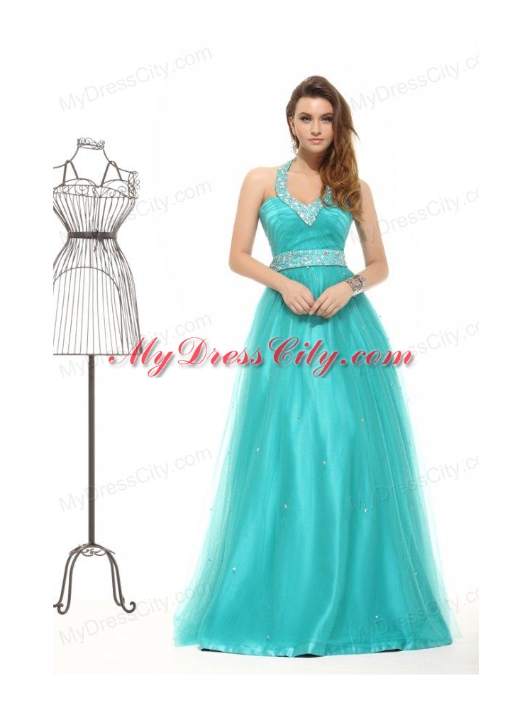 Elegant Turquoise Beading A-line Halter Lace Up Tulle Prom Dress