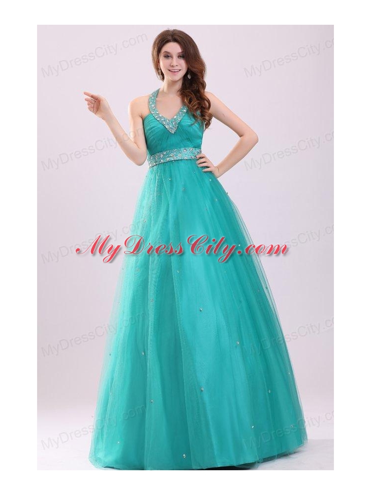 Elegant Turquoise Beading A-line Halter Lace Up Tulle Prom Dress