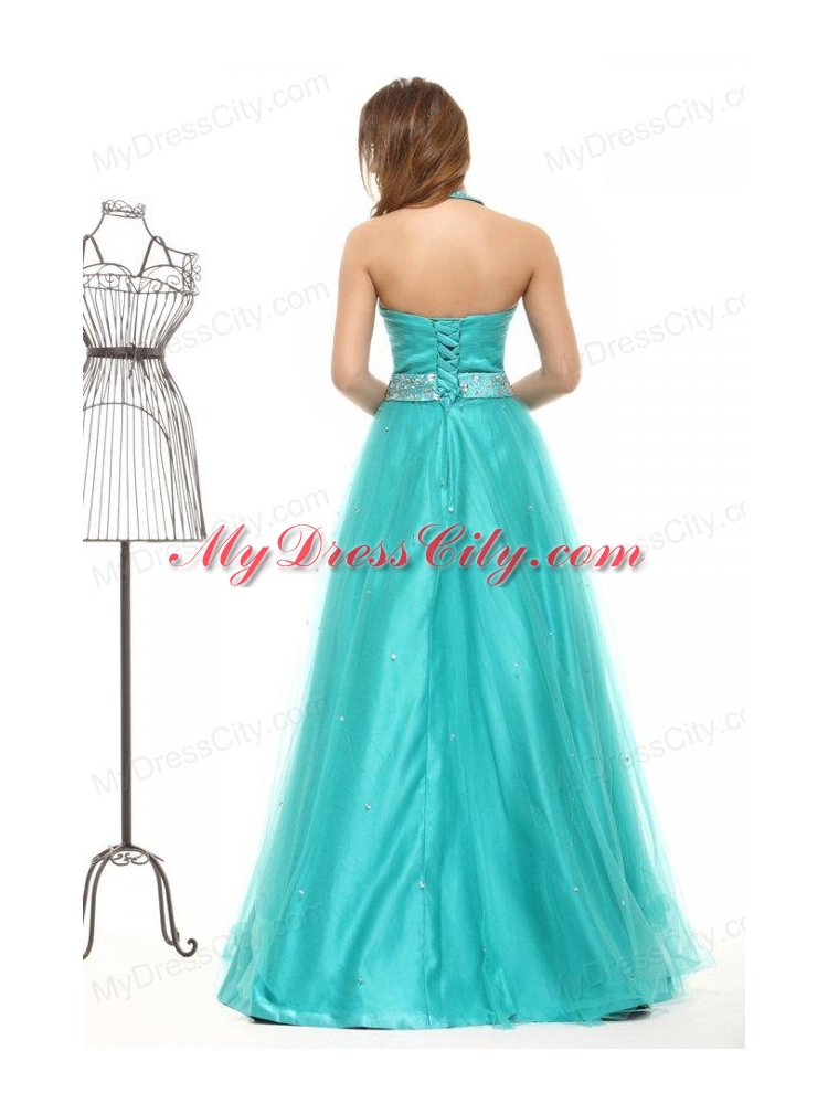 Elegant Turquoise Beading A-line Halter Lace Up Tulle Prom Dress