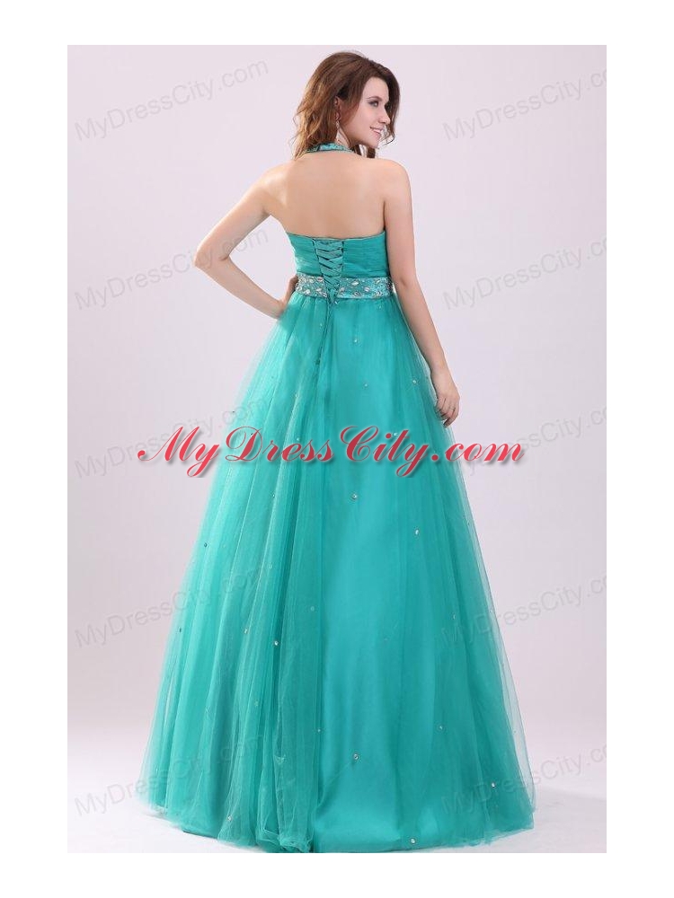 Elegant Turquoise Beading A-line Halter Lace Up Tulle Prom Dress