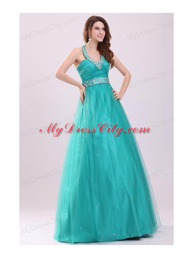 Elegant Turquoise Beading A-line Halter Lace Up Tulle Prom Dress