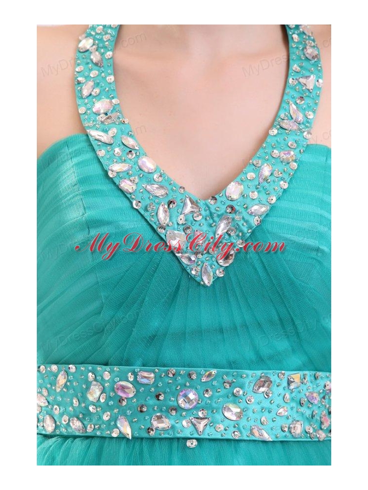 Elegant Turquoise Beading A-line Halter Lace Up Tulle Prom Dress