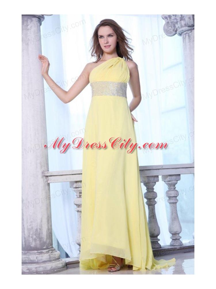 Empire One Shoulder Yellow Chiffon Beaded Decorate Waist Prom Dress