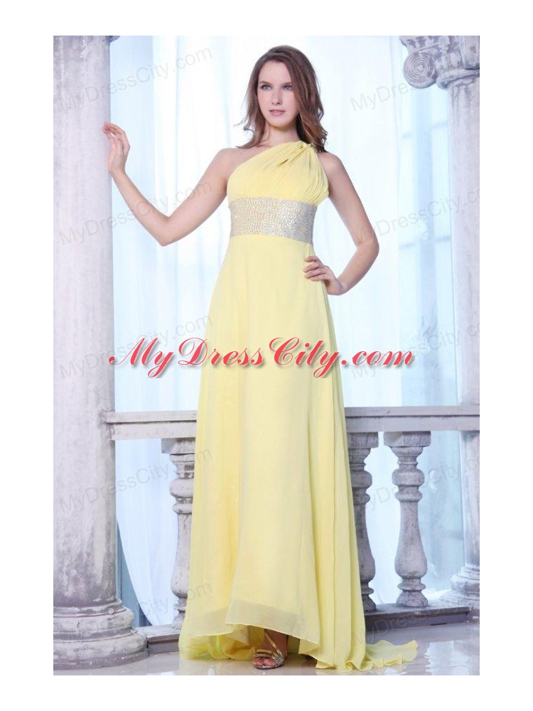 Empire One Shoulder Yellow Chiffon Beaded Decorate Waist Prom Dress