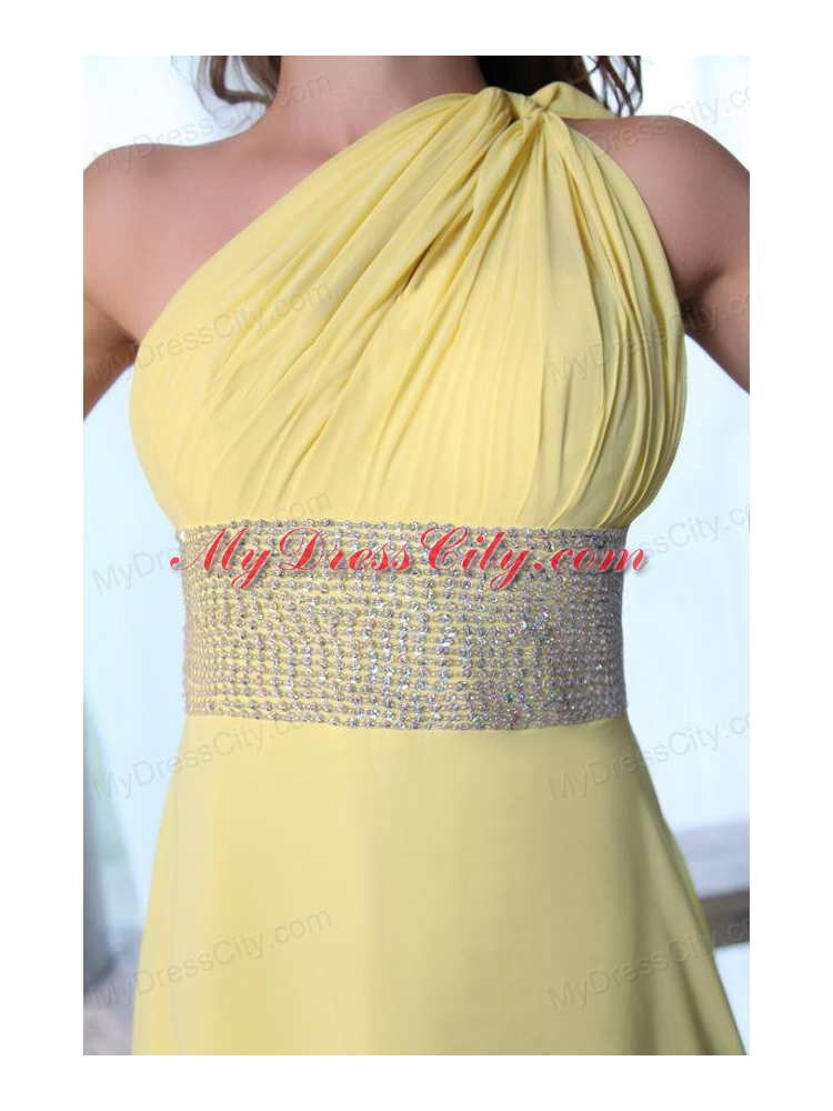 Empire One Shoulder Yellow Chiffon Beaded Decorate Waist Prom Dress