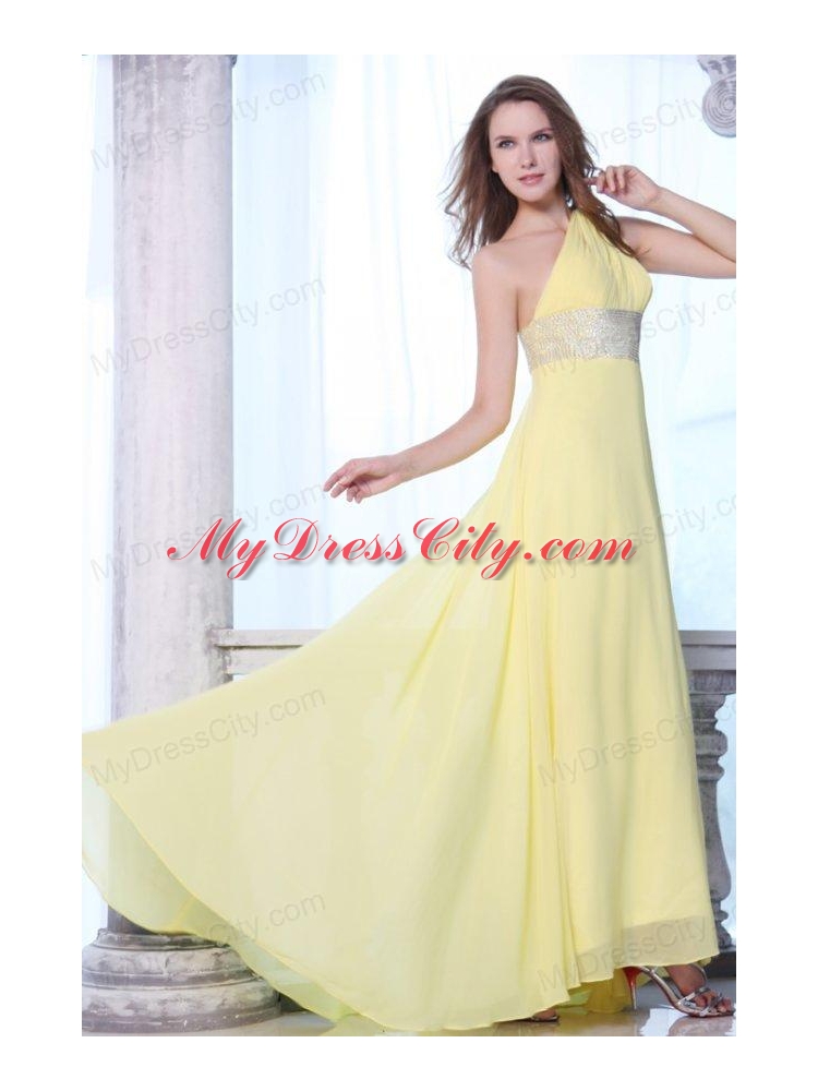 Empire One Shoulder Yellow Chiffon Beaded Decorate Waist Prom Dress