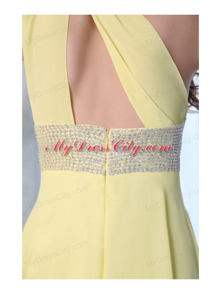 Empire One Shoulder Yellow Chiffon Beaded Decorate Waist Prom Dress