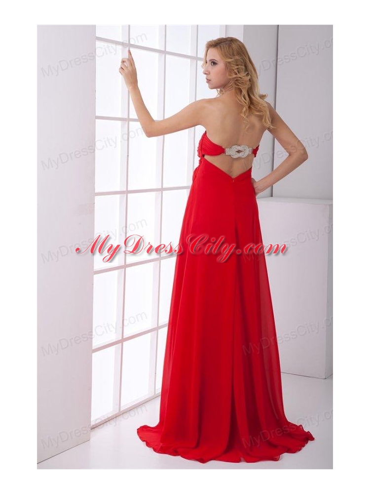 Empire Strapless Beading Backless Red Chiffon Prom Dress