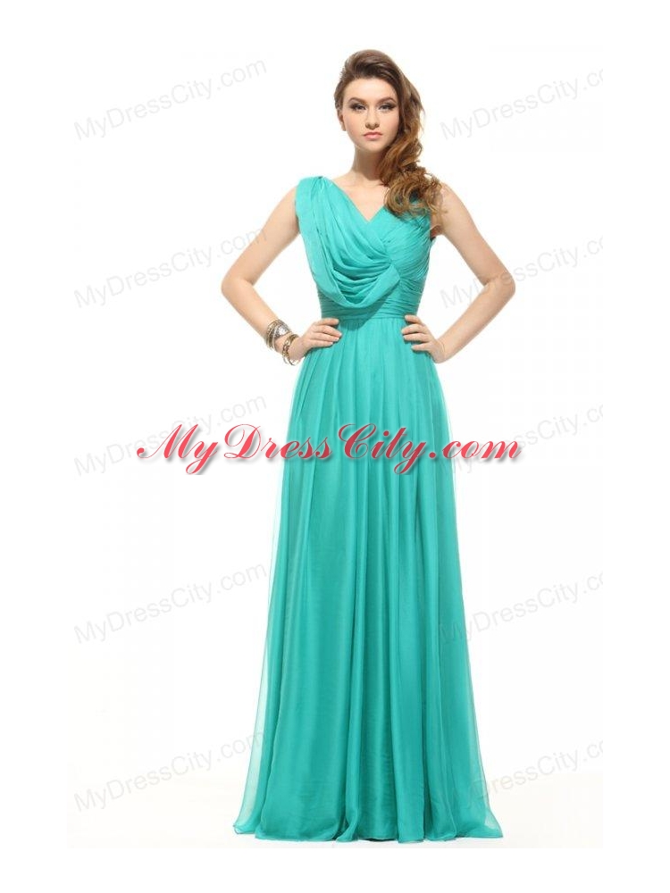 Empire V-neck Turquoise Chiffon Ruching 2014 Prom Dress