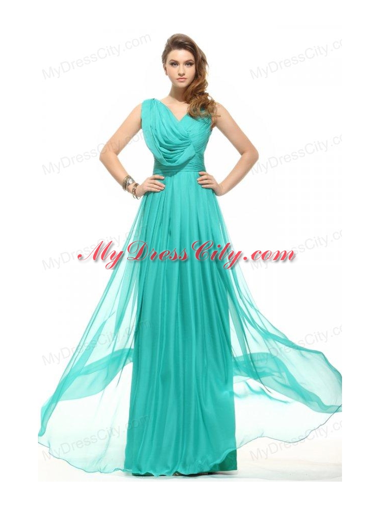 Empire V-neck Turquoise Chiffon Ruching 2014 Prom Dress