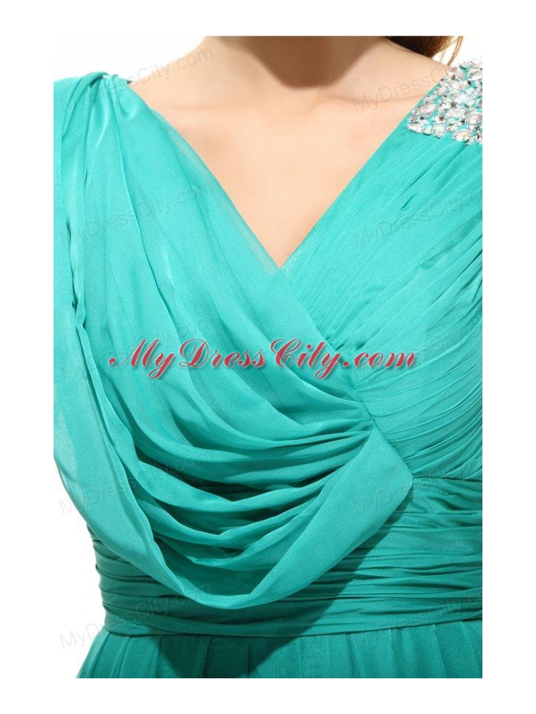 Empire V-neck Turquoise Chiffon Ruching 2014 Prom Dress